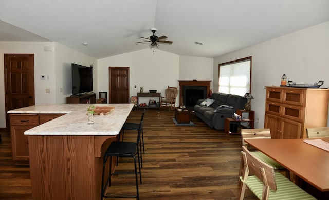 kitchen featuring ceiling fan, vaulted ceiling, dark hardwood / wood-style floors, a center island, and a kitchen bar