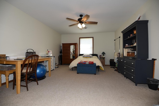 bedroom with ceiling fan and carpet floors