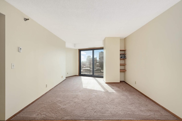 spare room featuring light colored carpet and a textured ceiling