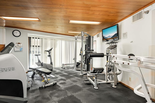 exercise room featuring wooden ceiling