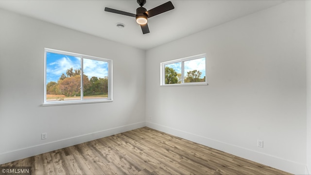 empty room featuring ceiling fan, light hardwood / wood-style flooring, and plenty of natural light