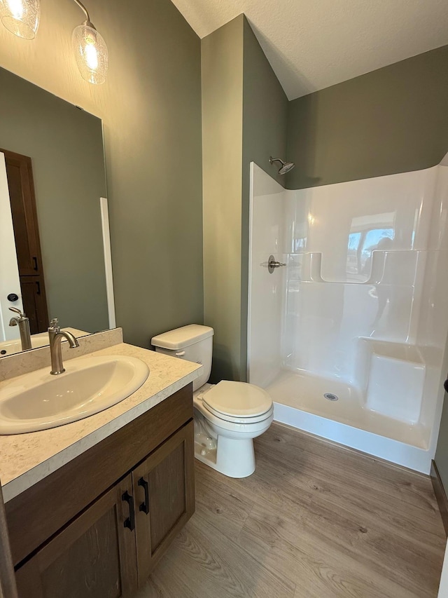 13077 Opal St NE, Blaine, MN 55449 - bathroom featuring vanity, toilet, wood finished floors, and walk in shower