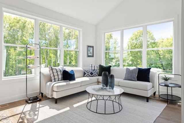 sunroom with vaulted ceiling and a healthy amount of sunlight