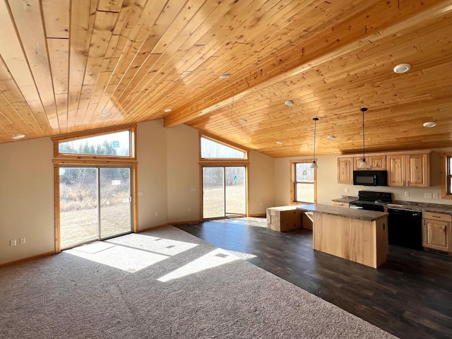 kitchen with black appliances, wood ceiling, open floor plan, and a center island