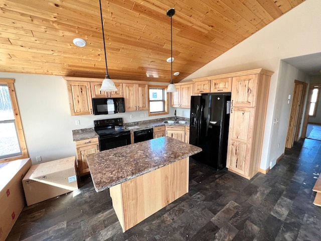 kitchen with vaulted ceiling, light brown cabinets, a sink, and black appliances
