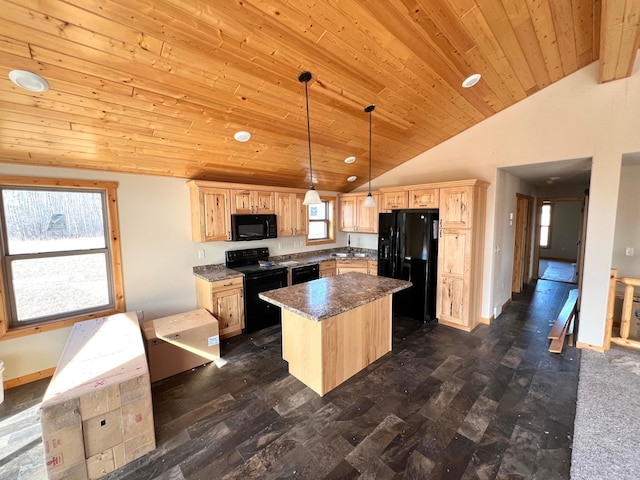 kitchen with a kitchen island, vaulted ceiling, black appliances, and light brown cabinetry