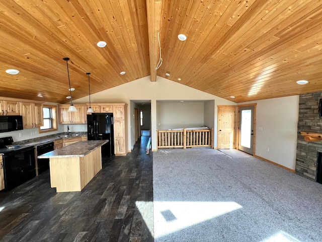 kitchen with a center island, light brown cabinetry, vaulted ceiling with beams, black appliances, and wooden ceiling