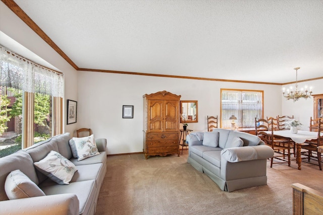 carpeted living room with crown molding, a wealth of natural light, an inviting chandelier, and a textured ceiling