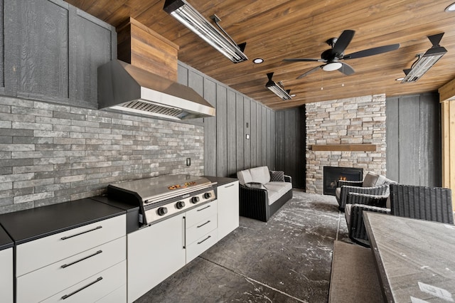 kitchen with a fireplace, white cabinets, wood ceiling, dark countertops, and wall chimney exhaust hood