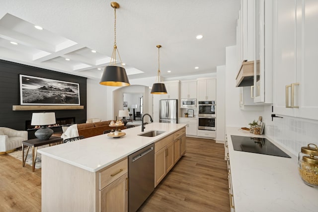 kitchen with light wood finished floors, ventilation hood, open floor plan, stainless steel appliances, and a sink