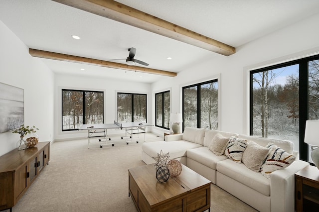 carpeted living room featuring beam ceiling, plenty of natural light, and ceiling fan