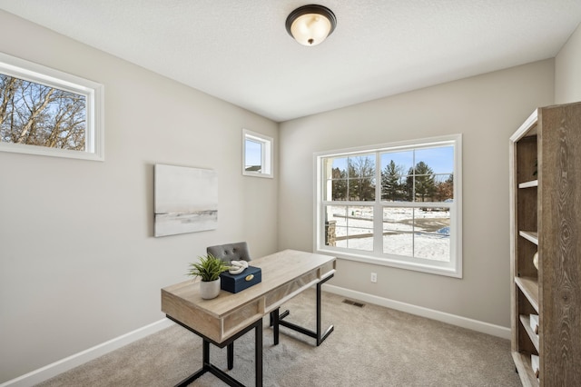 office space featuring light carpet, baseboards, visible vents, and a textured ceiling