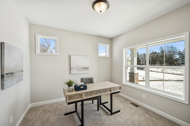 office area featuring light carpet, plenty of natural light, visible vents, and baseboards