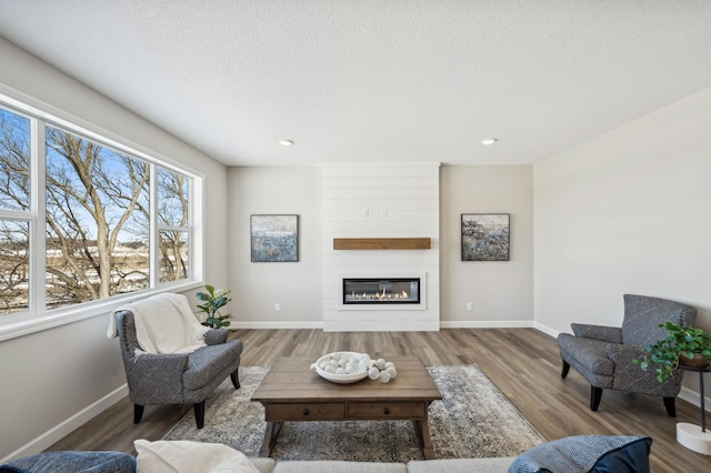 living area with a large fireplace, a textured ceiling, baseboards, and wood finished floors