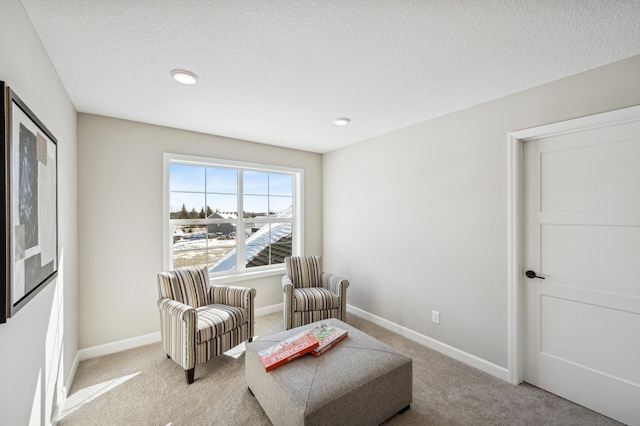 sitting room featuring carpet floors, a textured ceiling, and baseboards