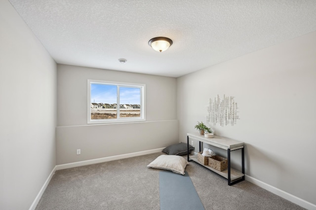 living area with a textured ceiling, carpet flooring, and baseboards