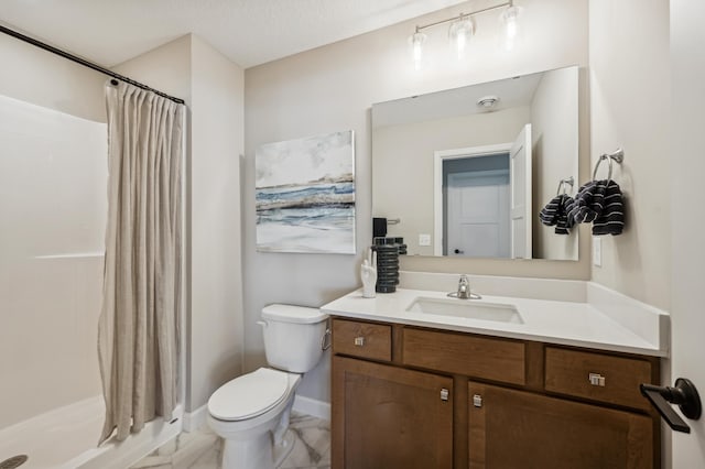 bathroom with toilet, marble finish floor, a shower stall, and vanity