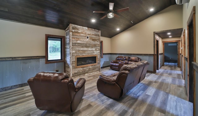 living room with a fireplace, wooden ceiling, lofted ceiling, ceiling fan, and hardwood / wood-style flooring