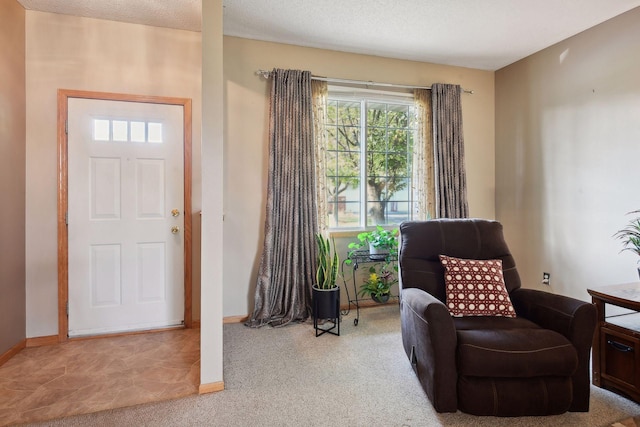 sitting room with light carpet and a textured ceiling