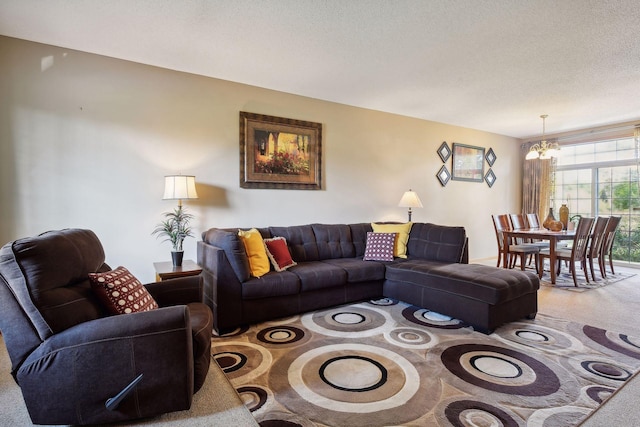 living room featuring carpet floors, a chandelier, and a textured ceiling