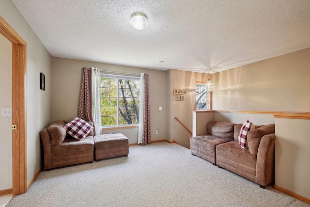 living room with carpet flooring and a textured ceiling