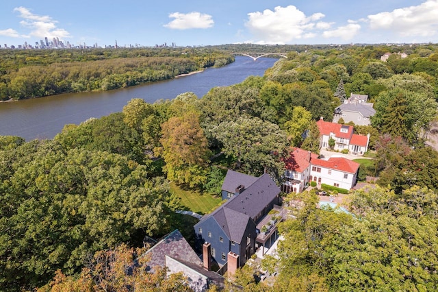 drone / aerial view featuring a water view