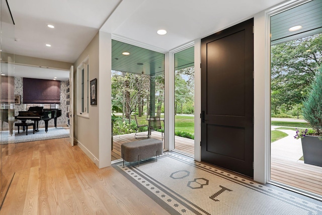 foyer with a healthy amount of sunlight, light hardwood / wood-style flooring, and expansive windows