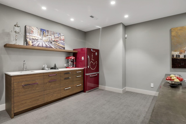 interior space featuring light carpet and sink