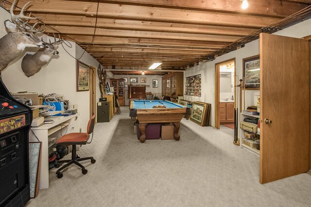 recreation room featuring pool table and light carpet