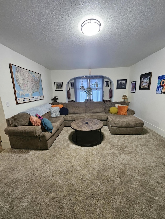 living room featuring carpet and a textured ceiling