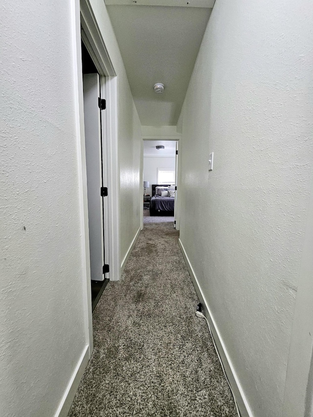 hallway featuring dark colored carpet