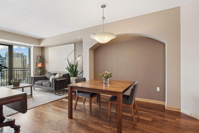 dining room with dark wood-style floors, baseboards, a view of city, and arched walkways