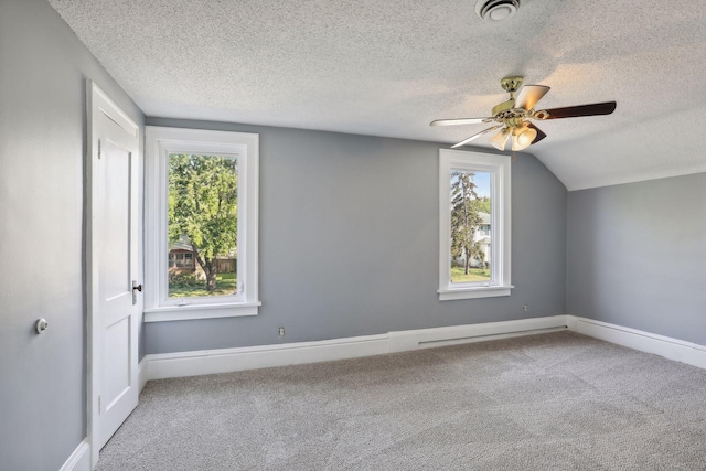 additional living space featuring a textured ceiling, carpet, visible vents, and baseboards