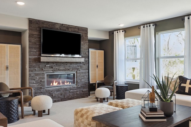 living room with hardwood / wood-style flooring and a fireplace