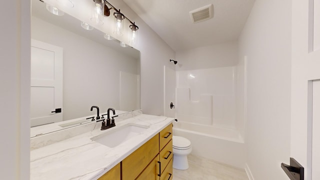 full bathroom with shower / bathing tub combination, vanity, and toilet