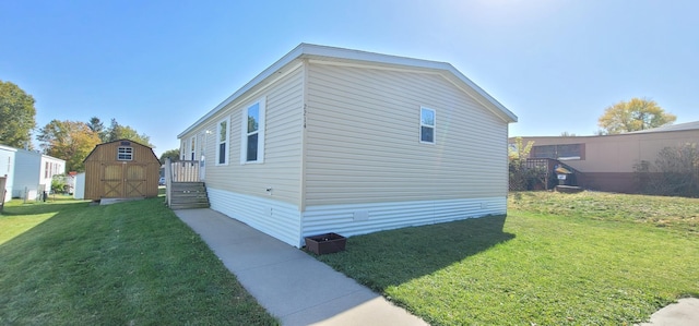 view of property exterior with a storage shed and a lawn