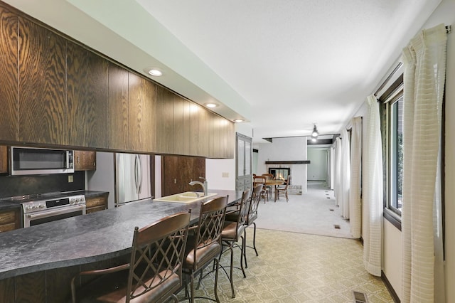 kitchen with light carpet, appliances with stainless steel finishes, and sink