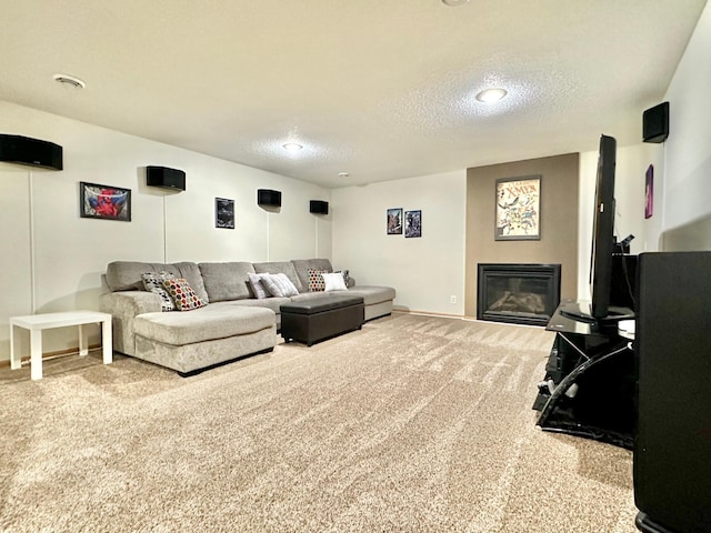 living room with carpet flooring and a textured ceiling