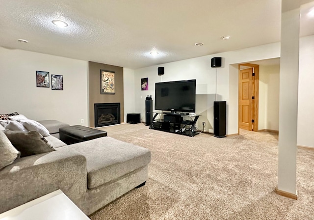 carpeted living room with a textured ceiling