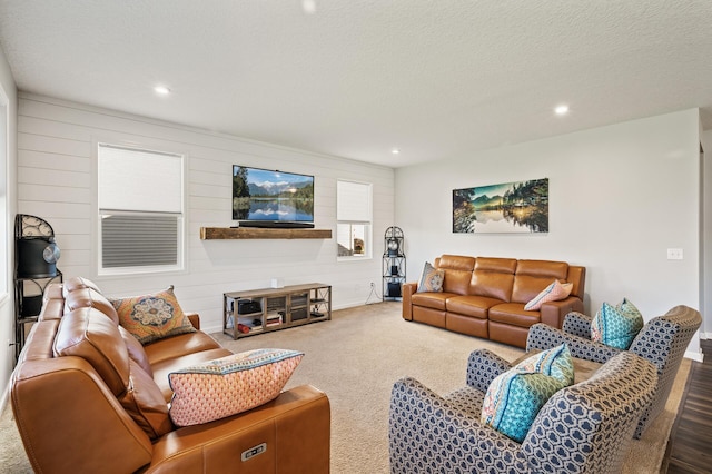 carpeted living room featuring a textured ceiling