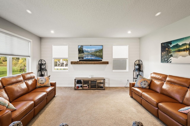 living room featuring a textured ceiling, carpet flooring, and wood walls