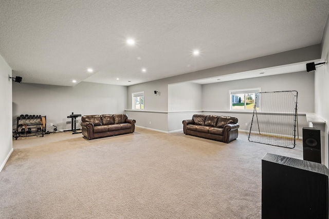 carpeted living room with a textured ceiling