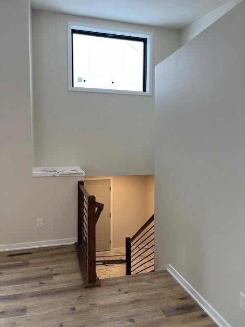 staircase with hardwood / wood-style flooring