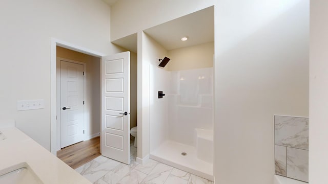 bathroom featuring toilet, vanity, and walk in shower