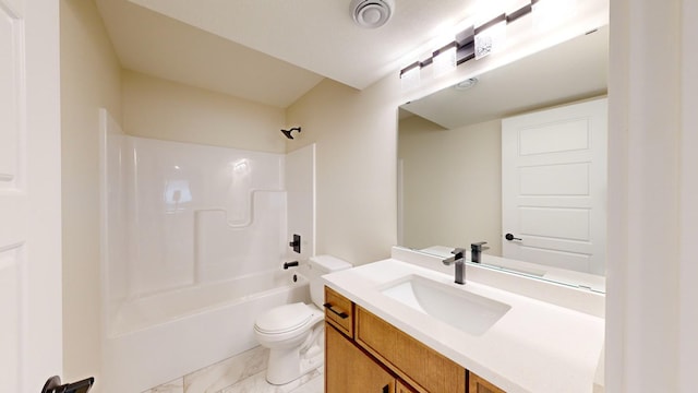 full bathroom featuring vanity, tub / shower combination, and toilet