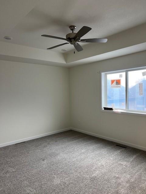 spare room featuring carpet floors, a raised ceiling, and ceiling fan