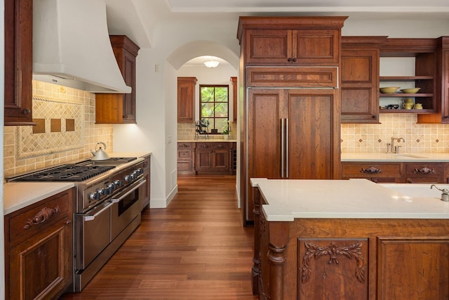 kitchen with custom range hood, dark wood-type flooring, sink, premium appliances, and backsplash