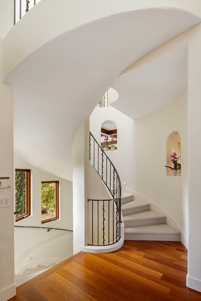 stairway featuring hardwood / wood-style flooring