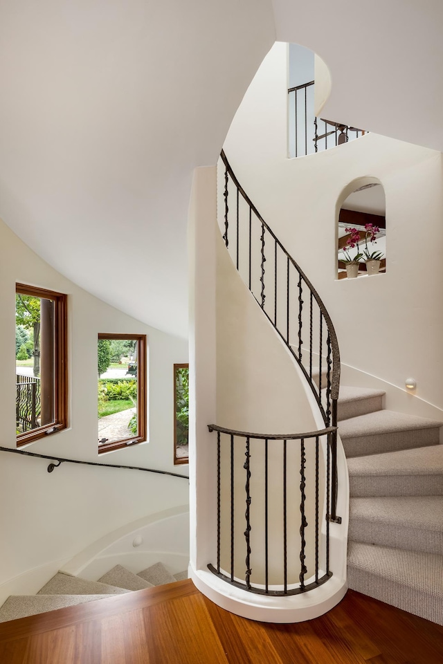 staircase featuring lofted ceiling and wood-type flooring