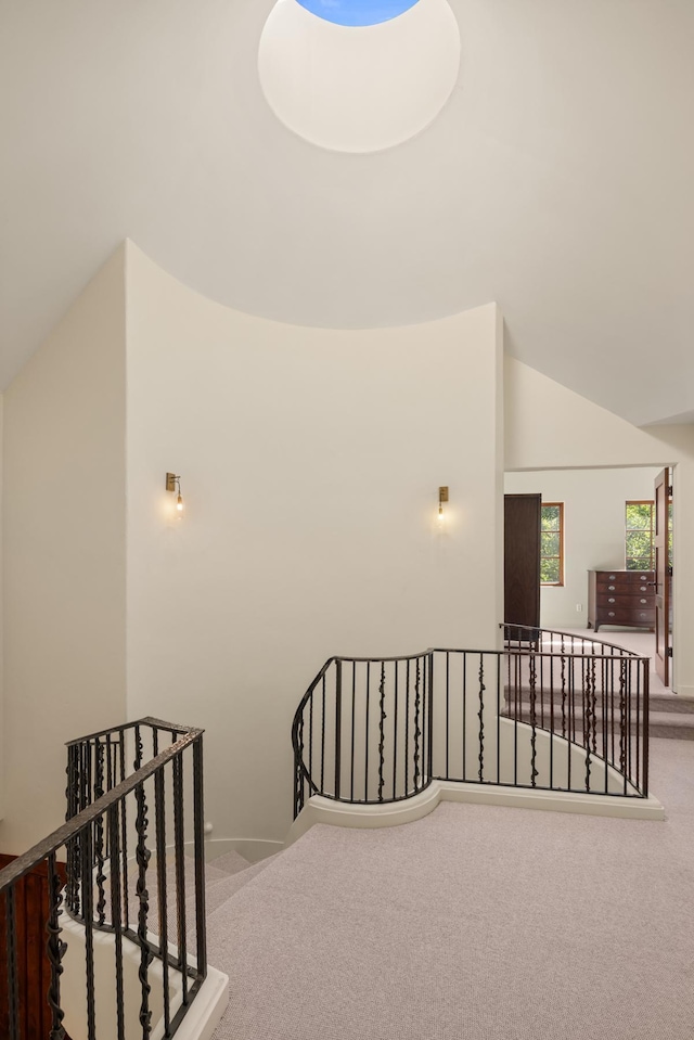 staircase featuring high vaulted ceiling and carpet